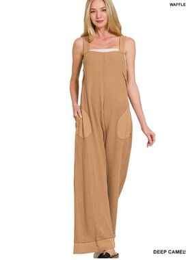 NWT LARGE Deep Camel Waffle Knit Wide-Leg Jumpsuit